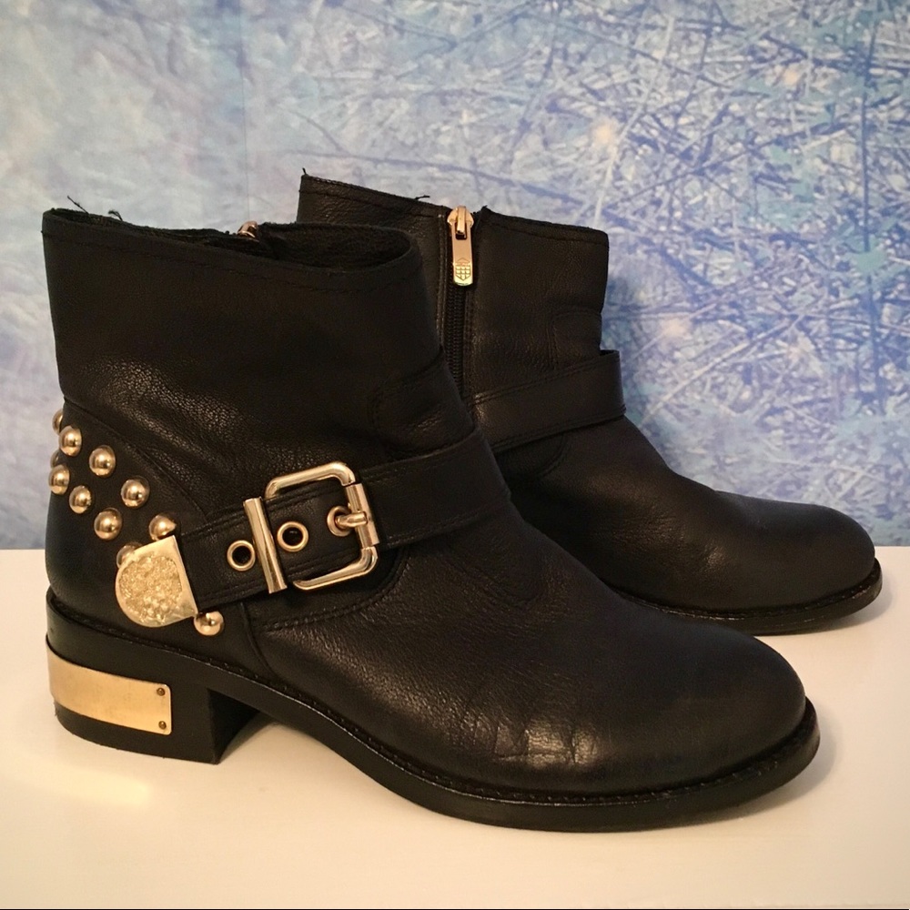 Vince Camino Black Leather Gold Stud Booties